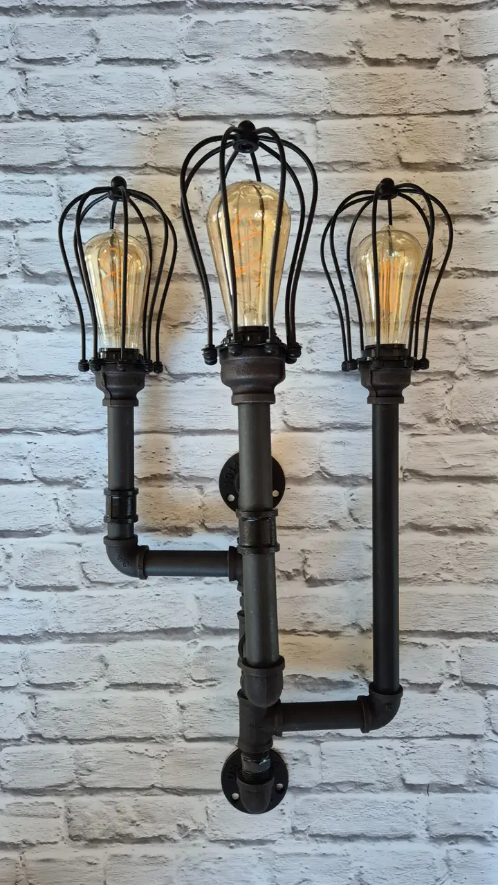 Egyedi falikar lámpa fekete vízcsövekből, retro Edison izzóval, ipari-vintage stílusban — Dizájnvill kézzel épített világítás